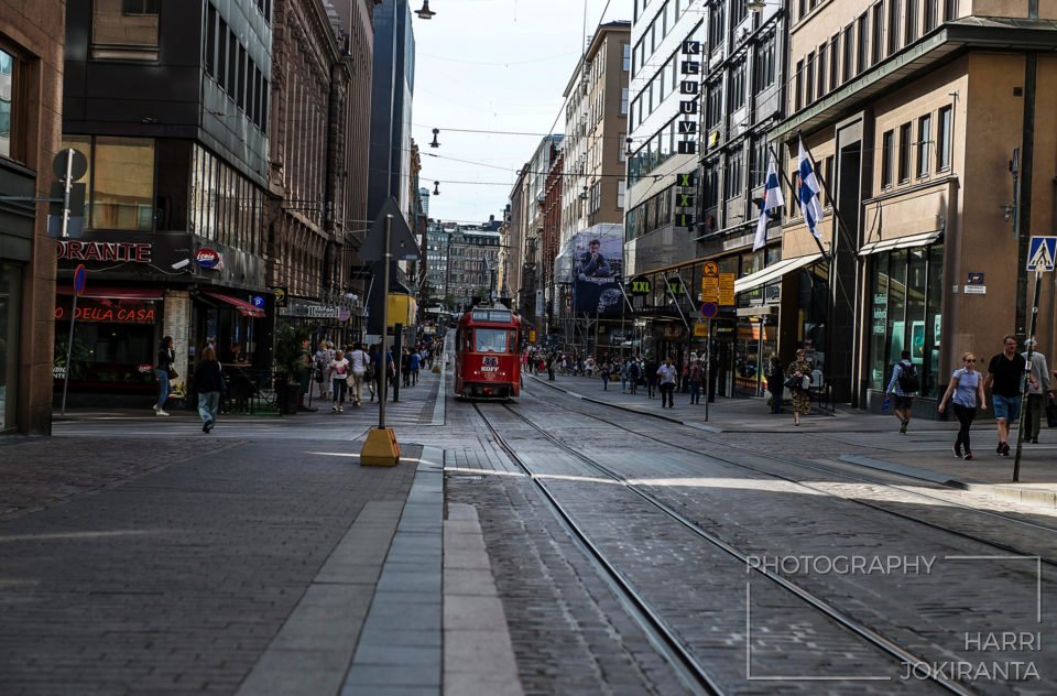 Street wiev with red Tram – Punainen ratikka